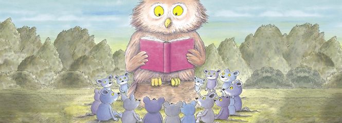 from Fantastic bedtime stories: mouses listening to an owl read aloud a book