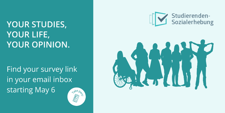 Subject image of the Student Social Survey 2025 with the text: Your studies, your life, your opinion. Find your survey link survey in your email inbox starting May 6.