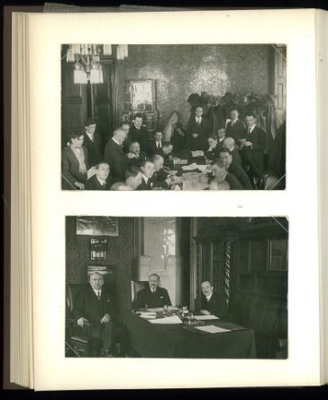 Photo of a book page with 2 black and white photos of men at meetings
