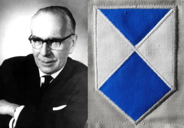 left: black and wite picture of a man with glasses, right: 2 blue triangles below and above and 2 white triangles right and left build the Cultural Property Protection-Emblem 