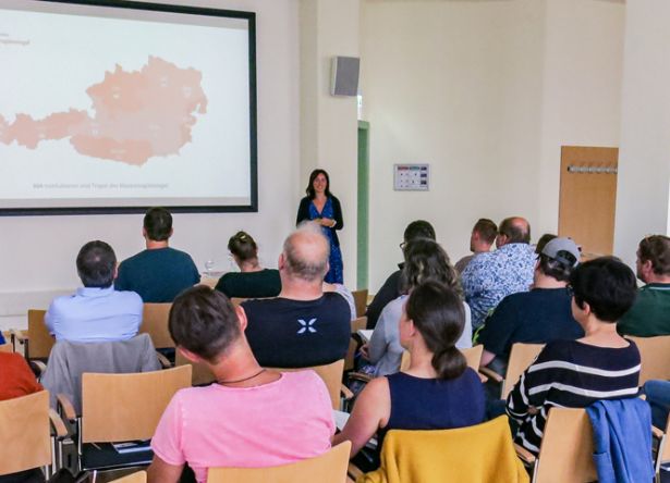 Vortragende mit Österreichkarte im Hintergrund