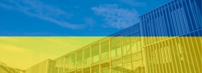 Image of the University for Continuing Education Krems colored with the colors of the Ukrainian flag 