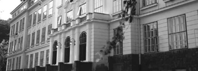 Image detail of the main building of the University for Continuing Education Krems in black and white