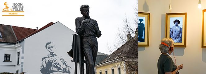Statue Egon Schiele und Bild von der Ausstellung