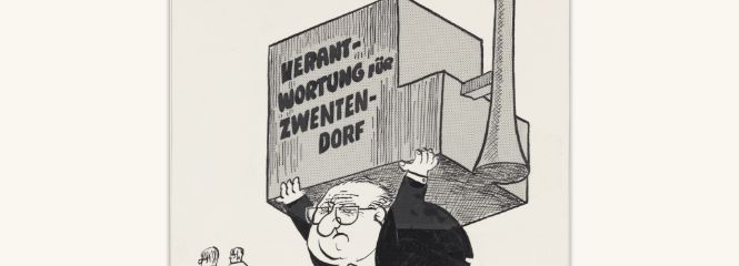 Karikatur Mann trägt Kraftwerk Zwentendorf am Rücken