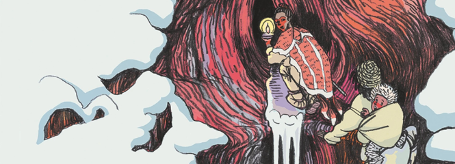 Ulli Lust Comic Zeichnung von einer Steinzeitfrau mit Kerze und dahinter eine weitere Person mit einem Kleinkind am Rücken in einem Tragetuch