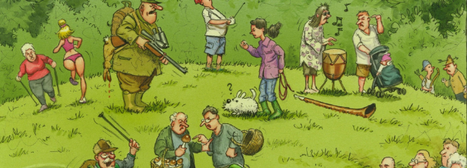 Comic Zeichnung von unterschiedlichen Personen (eine ältere Person mit Jogging Anzug und Walking-Stöcken, eine Person mit einem sehr knappen pinken Sportzweiteiler läuft, ein Hund, ein Jäger mit Gewehr, uvm.) auf einer grünen Wiese