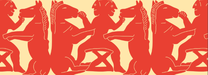A stylized red illustration on a beige background showing alternating figures of horses and humans seated, facing each other in a repeating pattern.