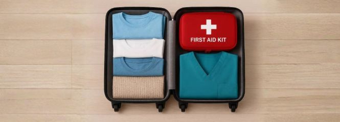 Imagebild des Weiterbildungsprogramms: Reisekoffer mit Kleidungsstücken und Erste Hilfe Set