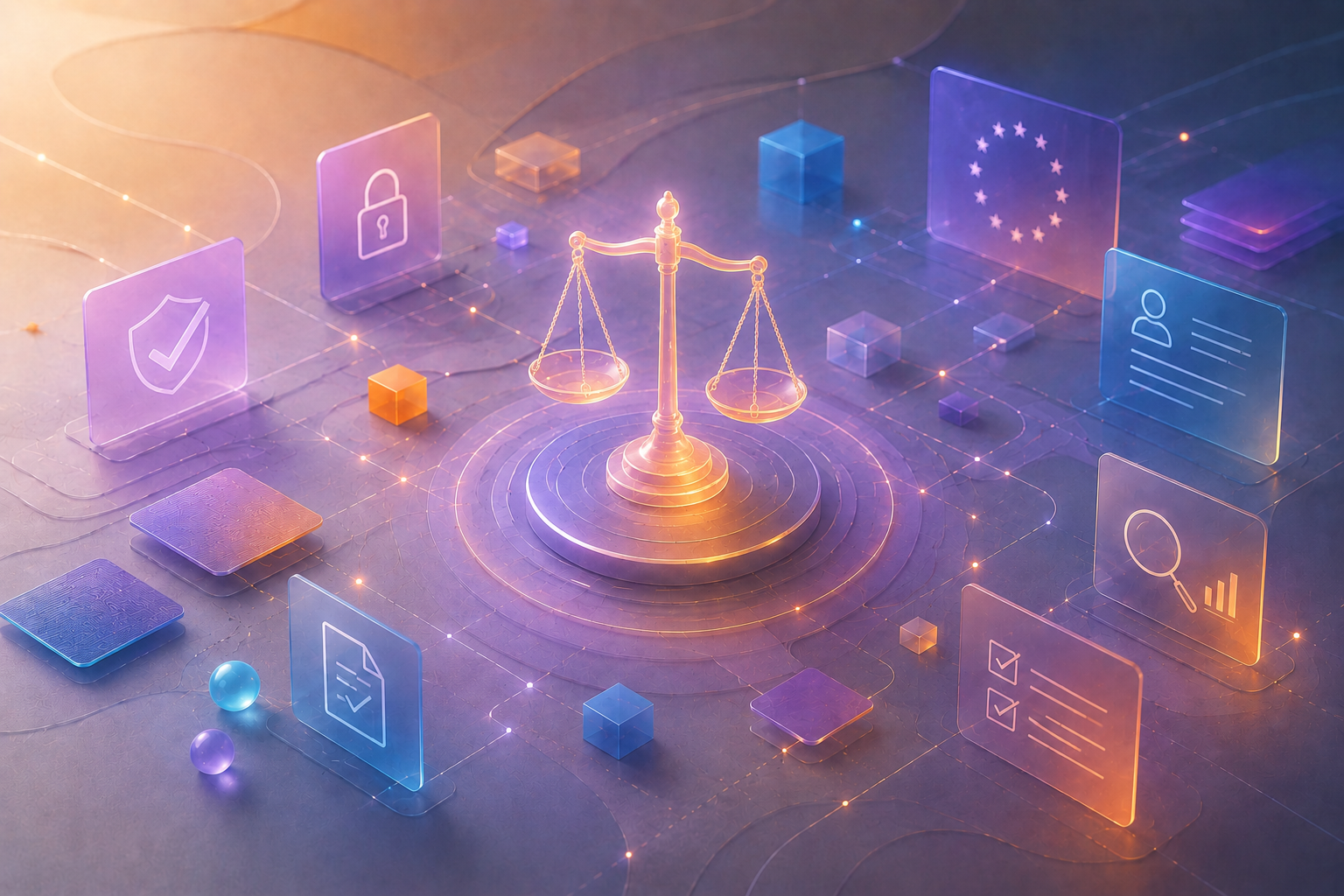 Illustration zum Studienprogramm AI Compliance: Waage der Justiz umgeben von Symbolen für Datenschutz, Sicherheit und EU-Recht.