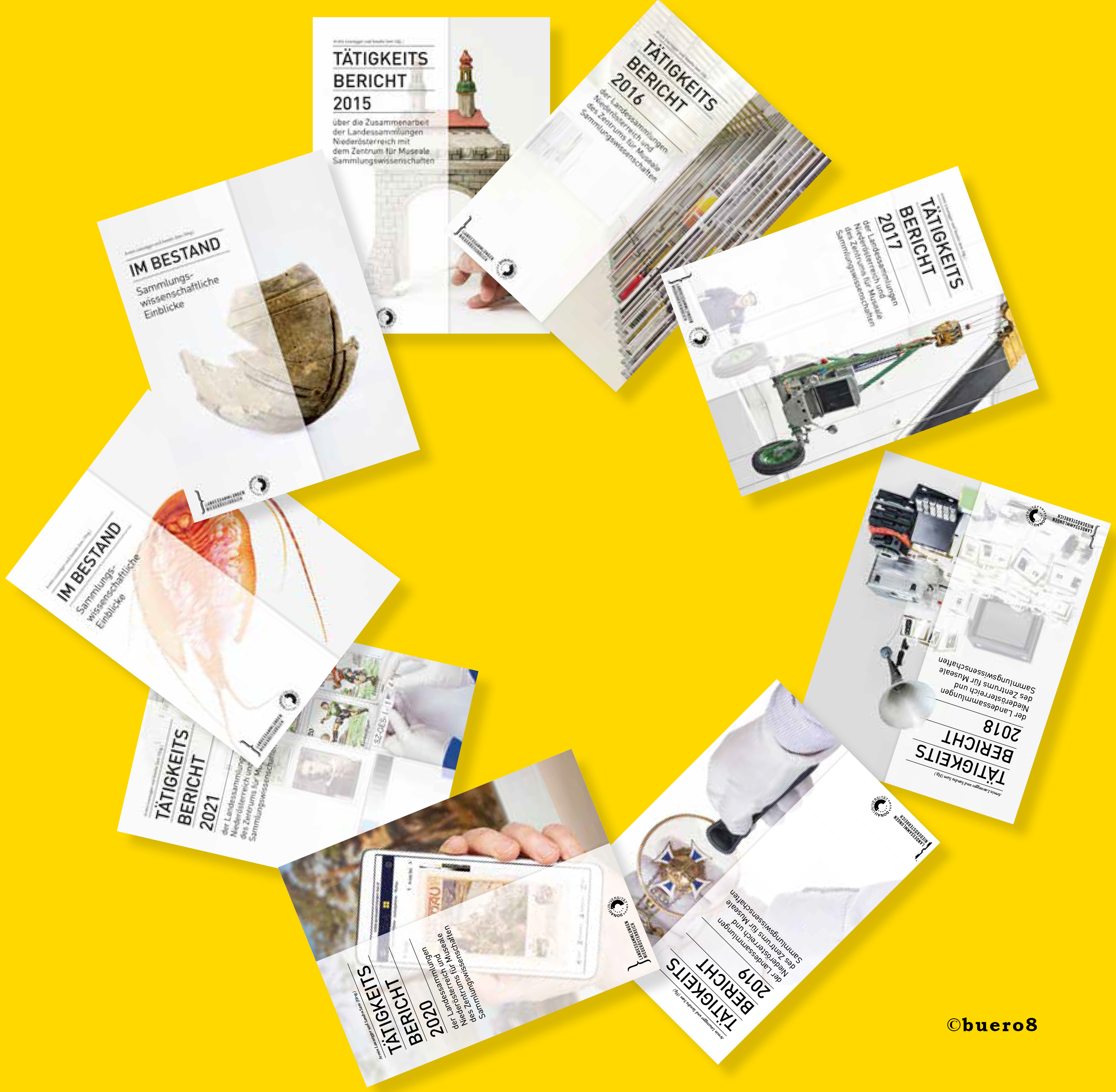 Abbildung von den kreisförmig angeordneten Tätigkeitsberichten bis zum Jahr 2023