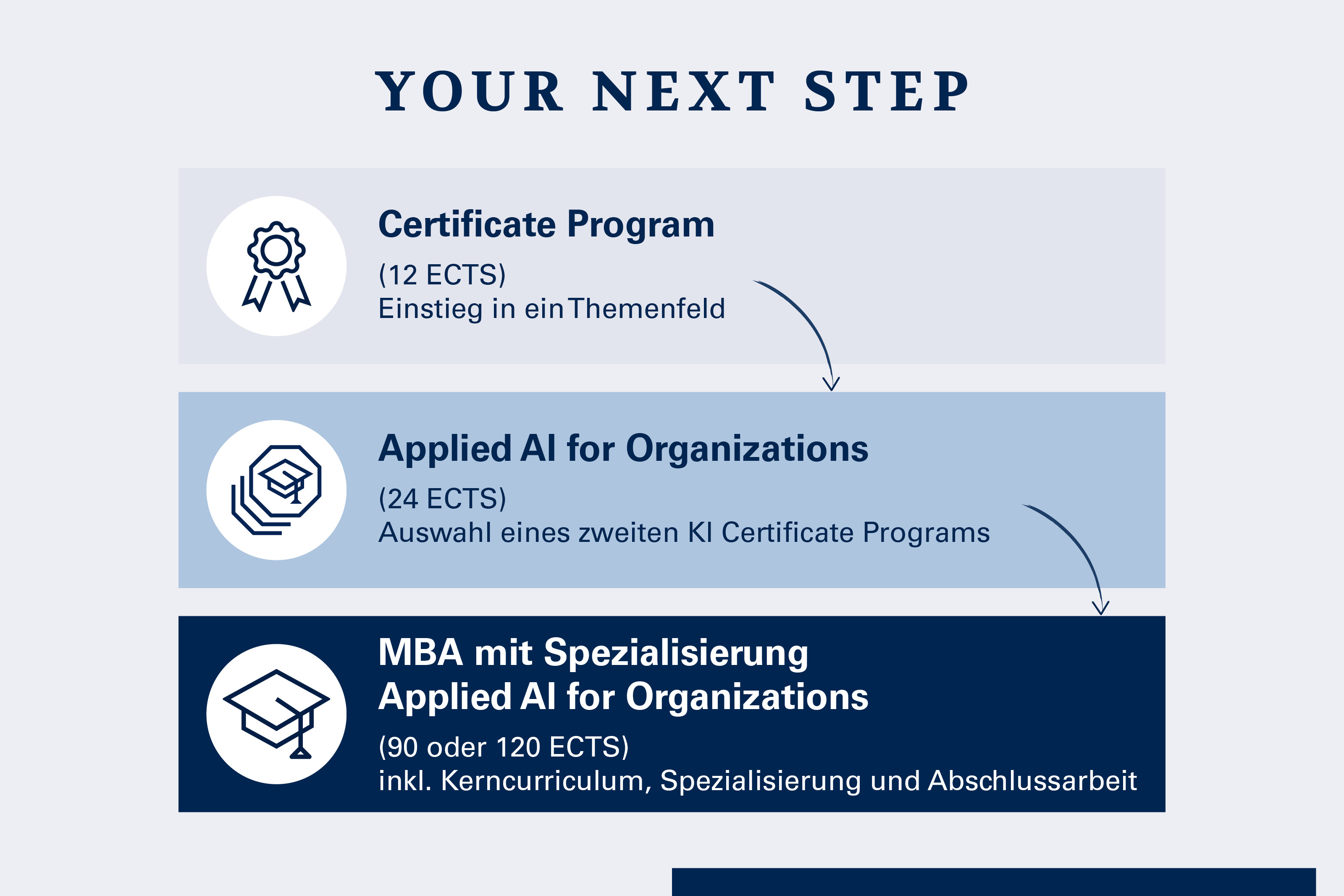 hr Weg: Einstieg mit 12 ECTS, Vertiefung mit Applied AI for Organizations und Abschluss im MBA.