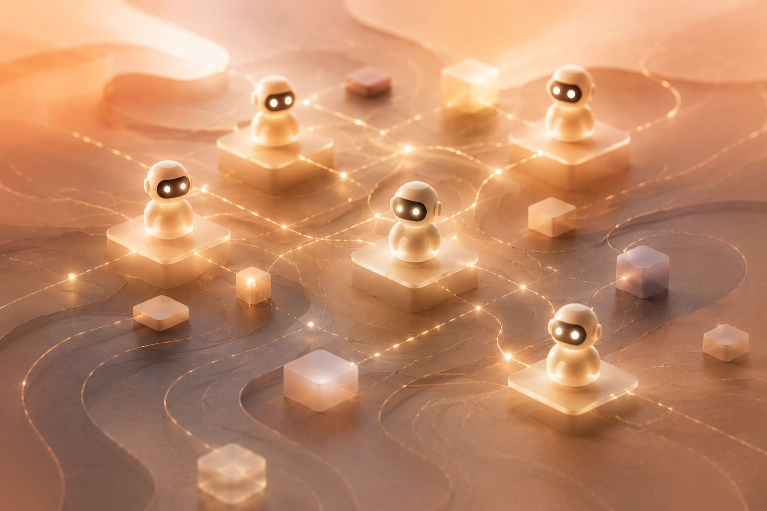 Vernetzte KI-Agenten auf einer digitalen Plattform als Symbol für agentische Systeme und automatisierte Zusammenarbeit.