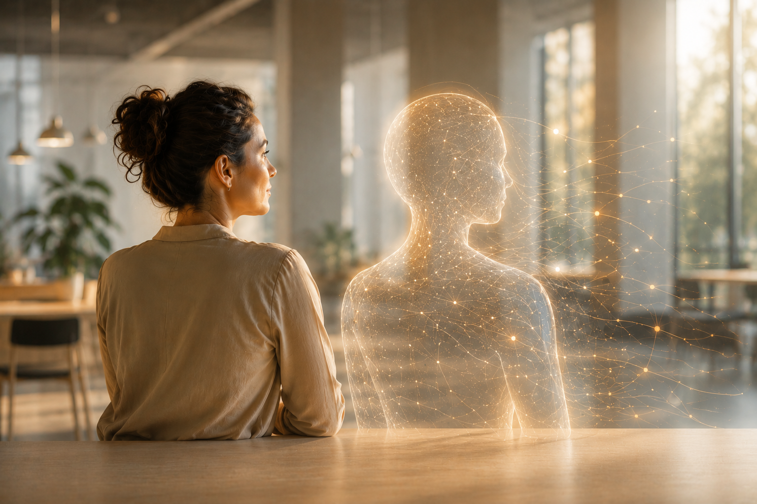 Eine Person sitzt neben einer leuchtenden digitalen Figur und betrachtet gemeinsam mit ihr die Zukunft der Zusammenarbeit.