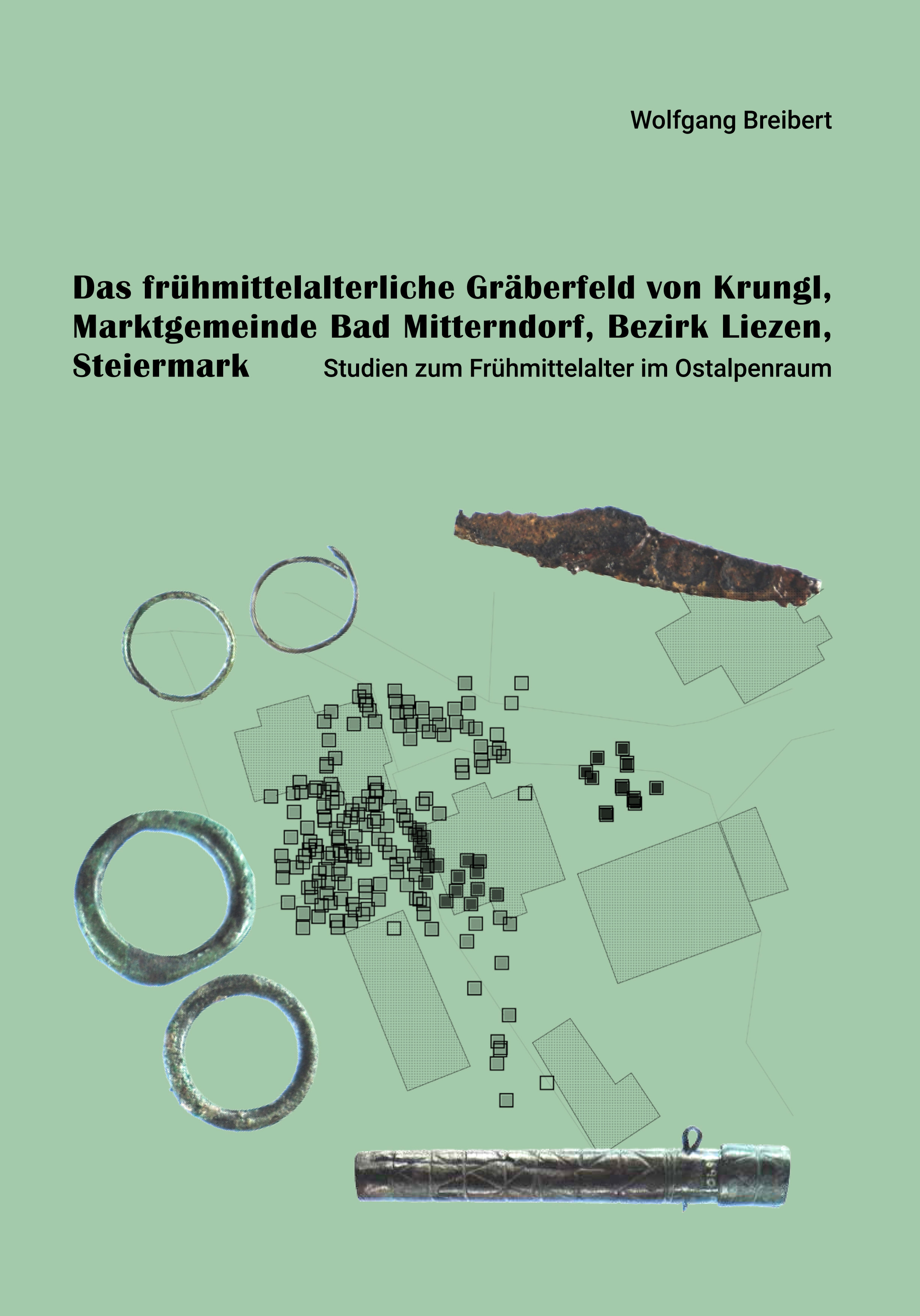 Cover Publikation mit grafischer Darstellung einer frühmittelalterlichen Siedlung und metallische Grabungsfunde