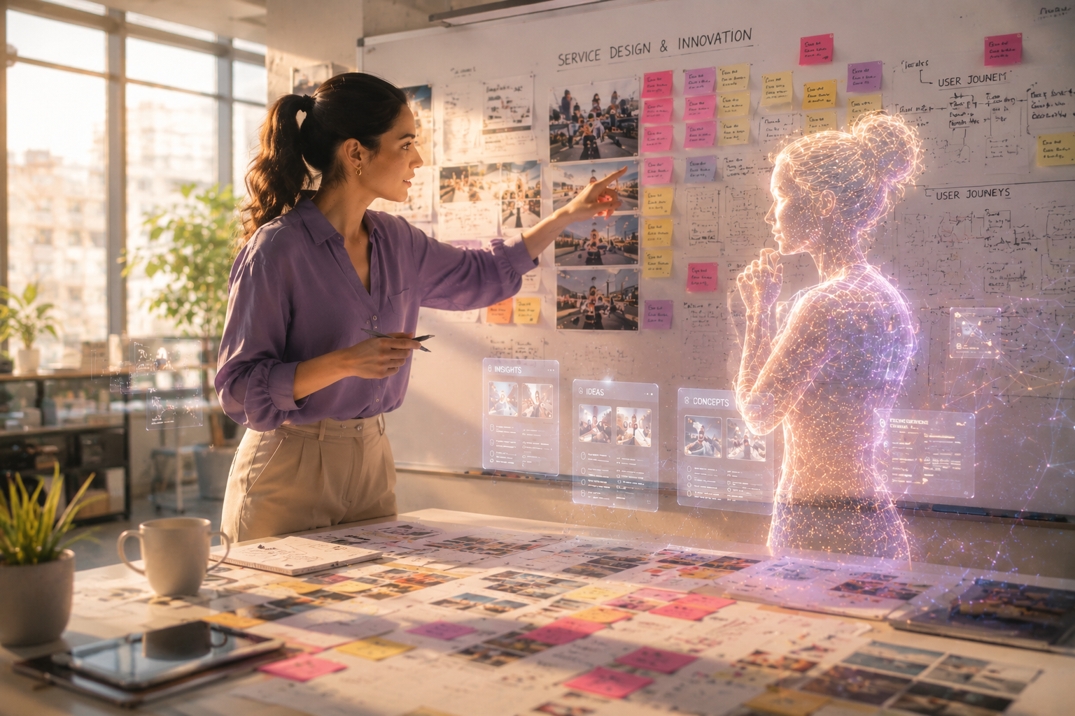Eine Person entwickelt gemeinsam mit einer digitalen KI-Figur neue Serviceideen an einem Design-Board.