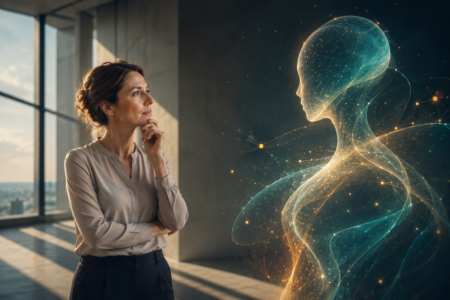 Mensch und KI im Dialog als Sinnbild für intelligente Zusammenarbeit.