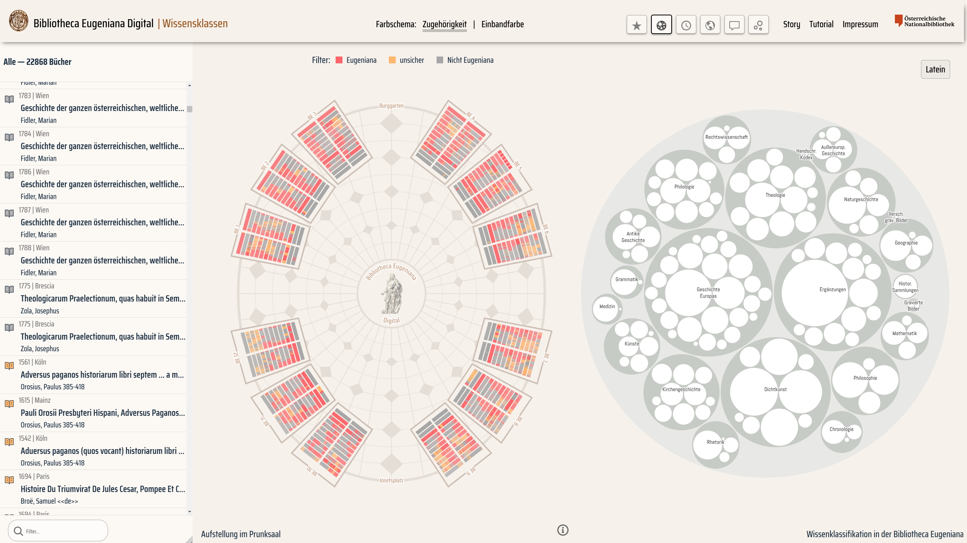 © BED-Projekt Aufstellung der Bibliotheca Eugeniana im Prunksaal (links) und Visualisierung ihrer historischen Wissensklassen (rechts).