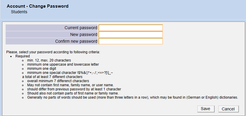 Screenshot changing password in UWKonline