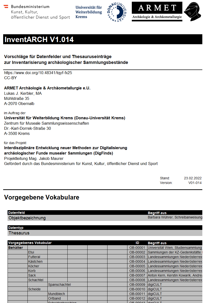 InventARCH. Vorschläge für Datenfelder und Thesauruseinträge zur Inventarisierung archäologischer Sammlungsbestände