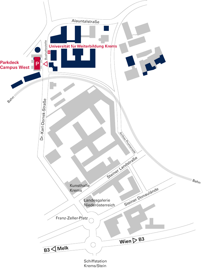 Visualisierter Lageplan des Campus Krems sowie der Parkgarage „Campus West“