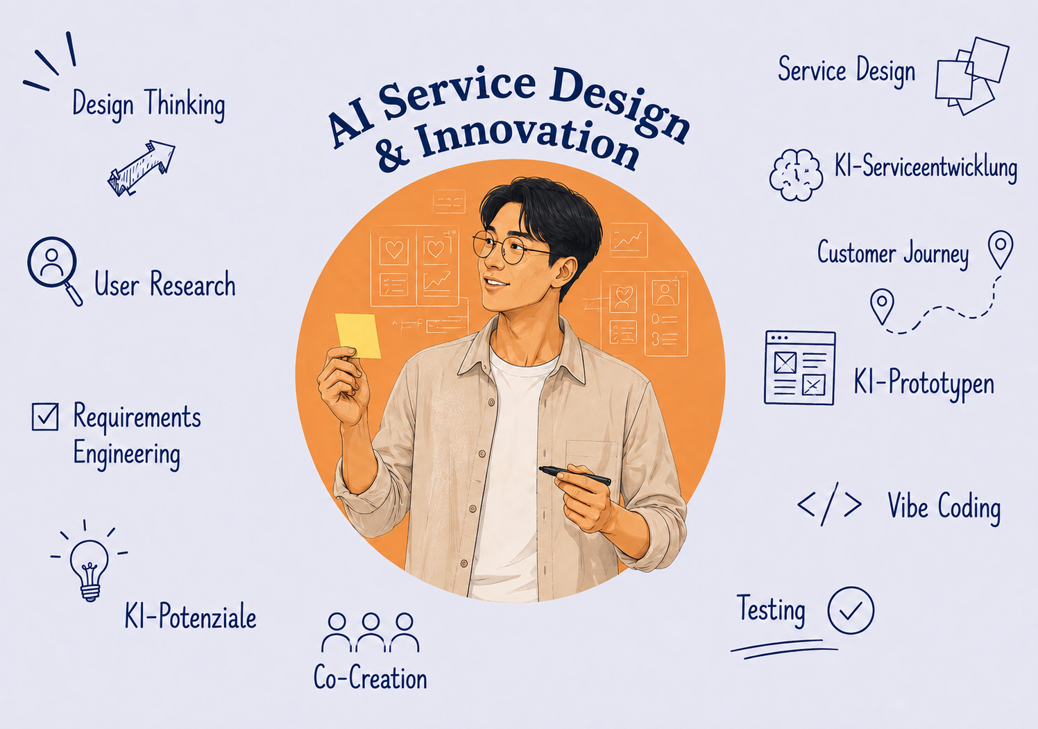 Exemplarisches Berufsprofil sowie ausgewählte Themen der Spezialisierung AI Service Design & Innovation.