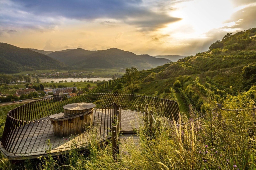 Aussicht auf die Weinlandschaft der Wachau mit Weinbergen, Donau und einer Aussichtsplattform.