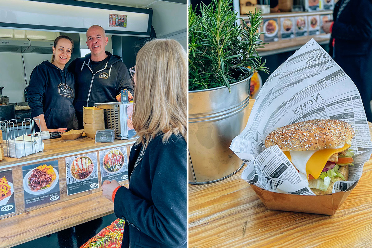 Collage with two pictures. Left picture: Employees in Robert's Superfood Foodtruck talking to a guest. Right picture: Burger in a ToGo box on a bar table, next to it is a rosemary plant. The food truck can be seen in the background.