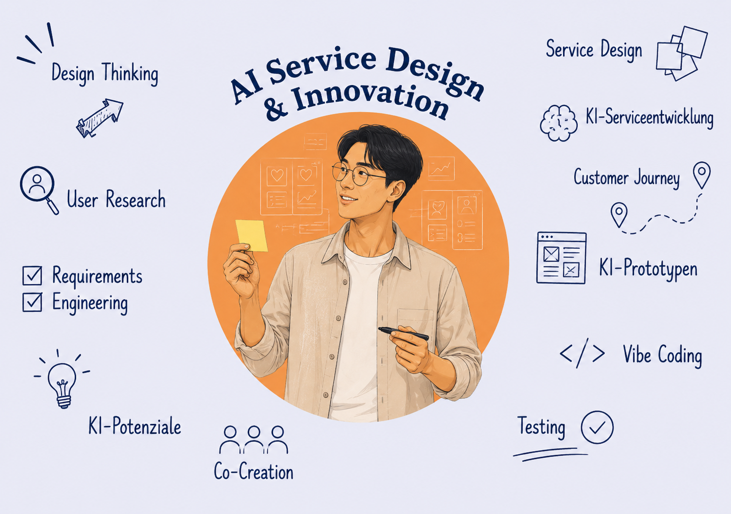 Exemplarisches Berufsprofil sowie ausgewählte Themen der Spezialisierung AI Service Design & Innovation.