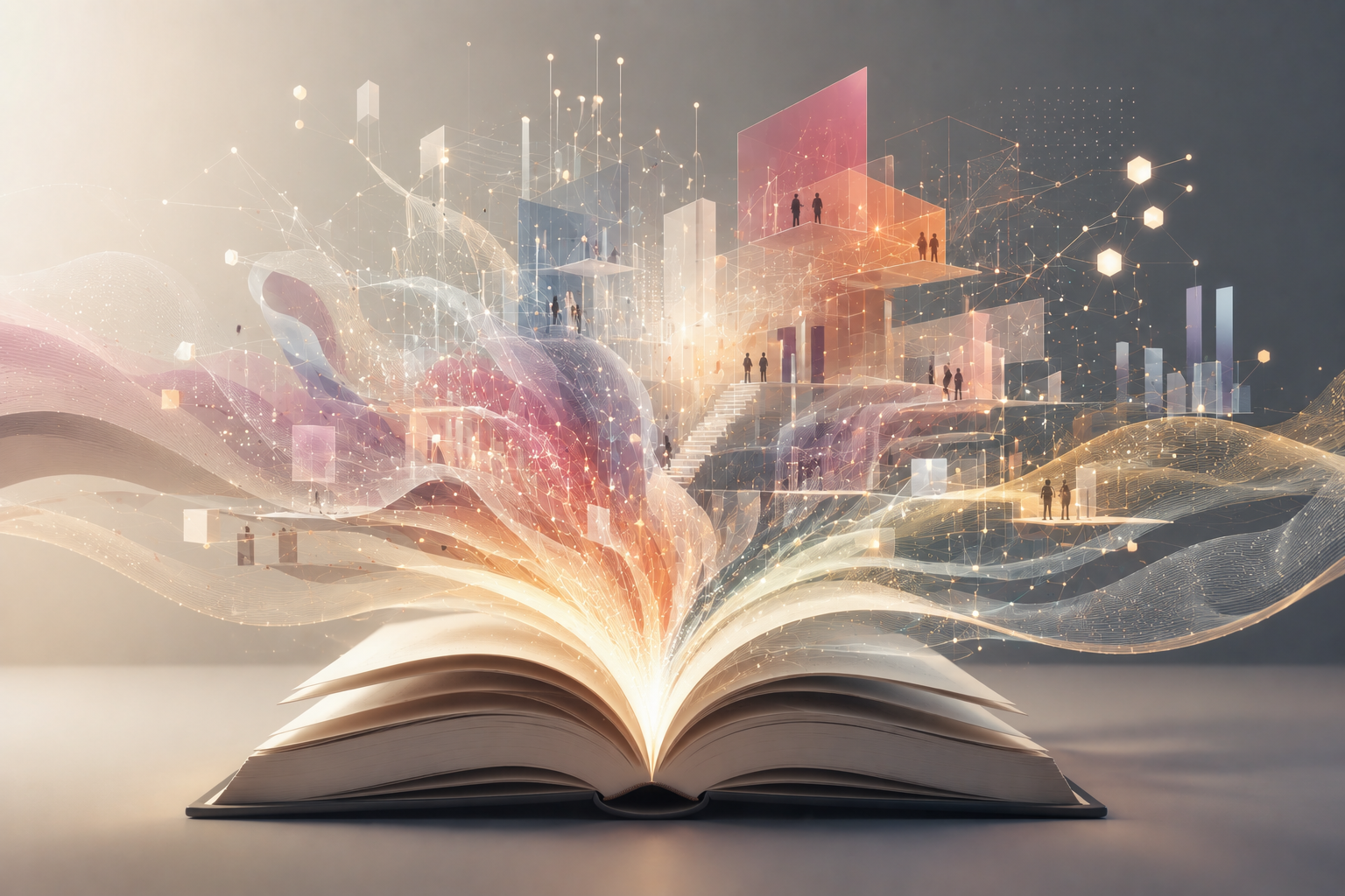 Ein aufgeschlagenes Buch, aus dem sich digitale Netzwerke und moderne Lern- und Arbeitswelten entfalten.