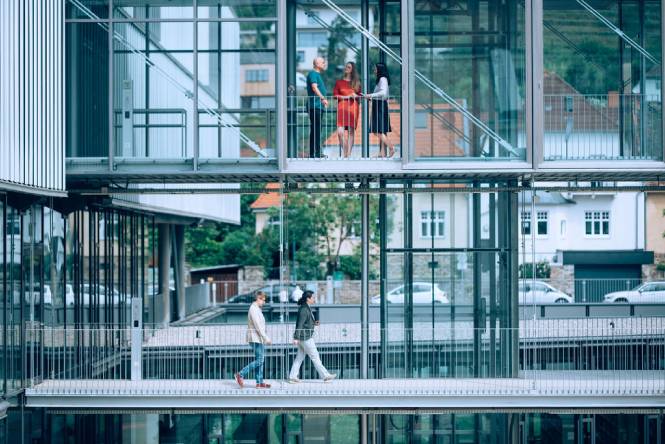 Students talk on a bridge at the Krems campus