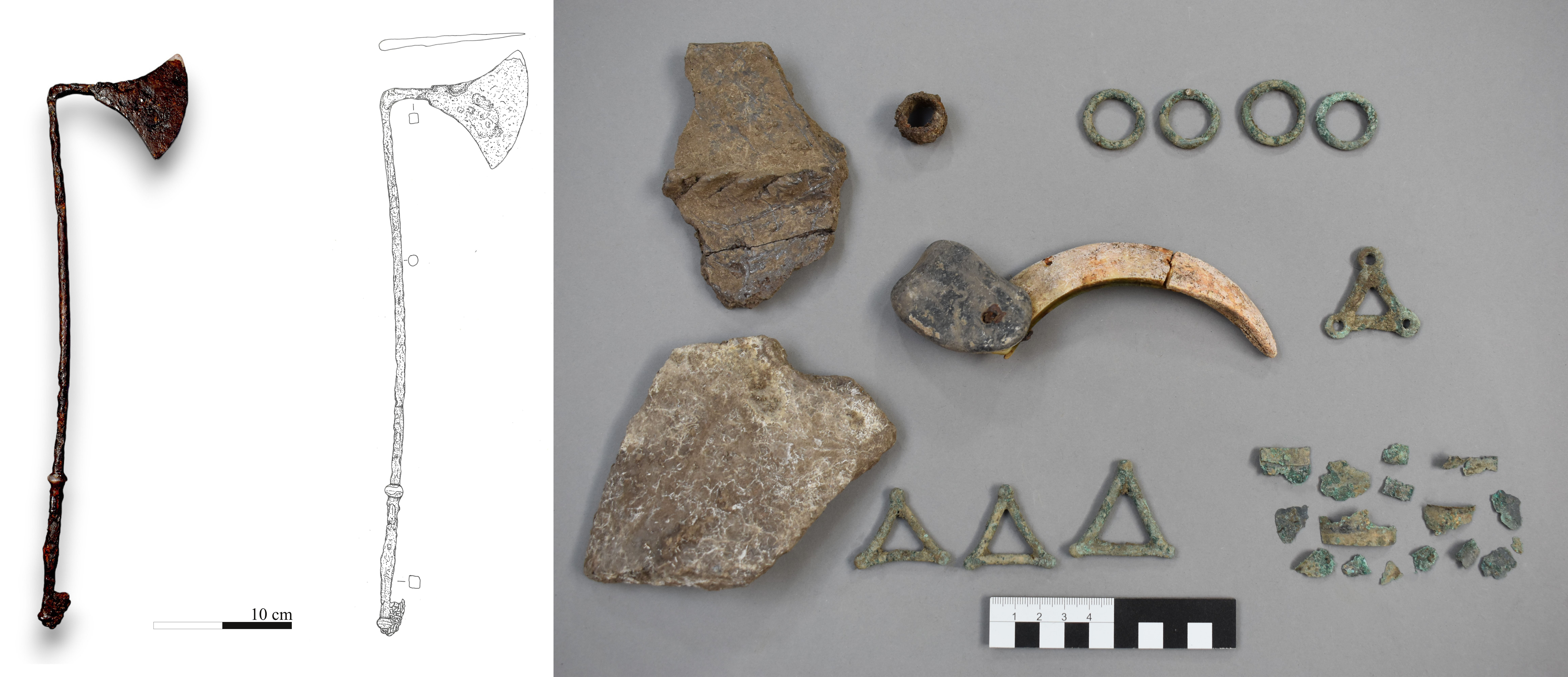 © Fotos und Zeichnung: ARDIG, A. Preinfalk Ganzmetall-Ritualbeil und Amulettensemble aus einem frühlatènezeitlichen Grab in Walpersdorf